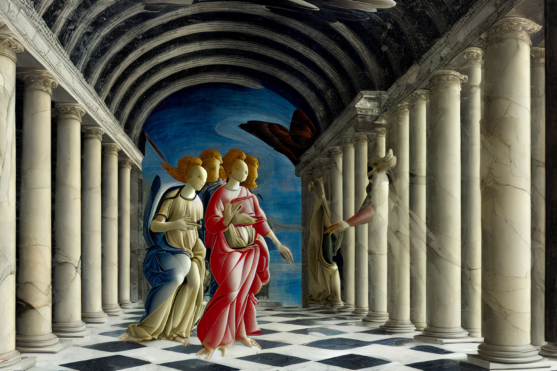 Three angels in halos and classical garments in architectural corridor with columns, checkerboard floor, and organ