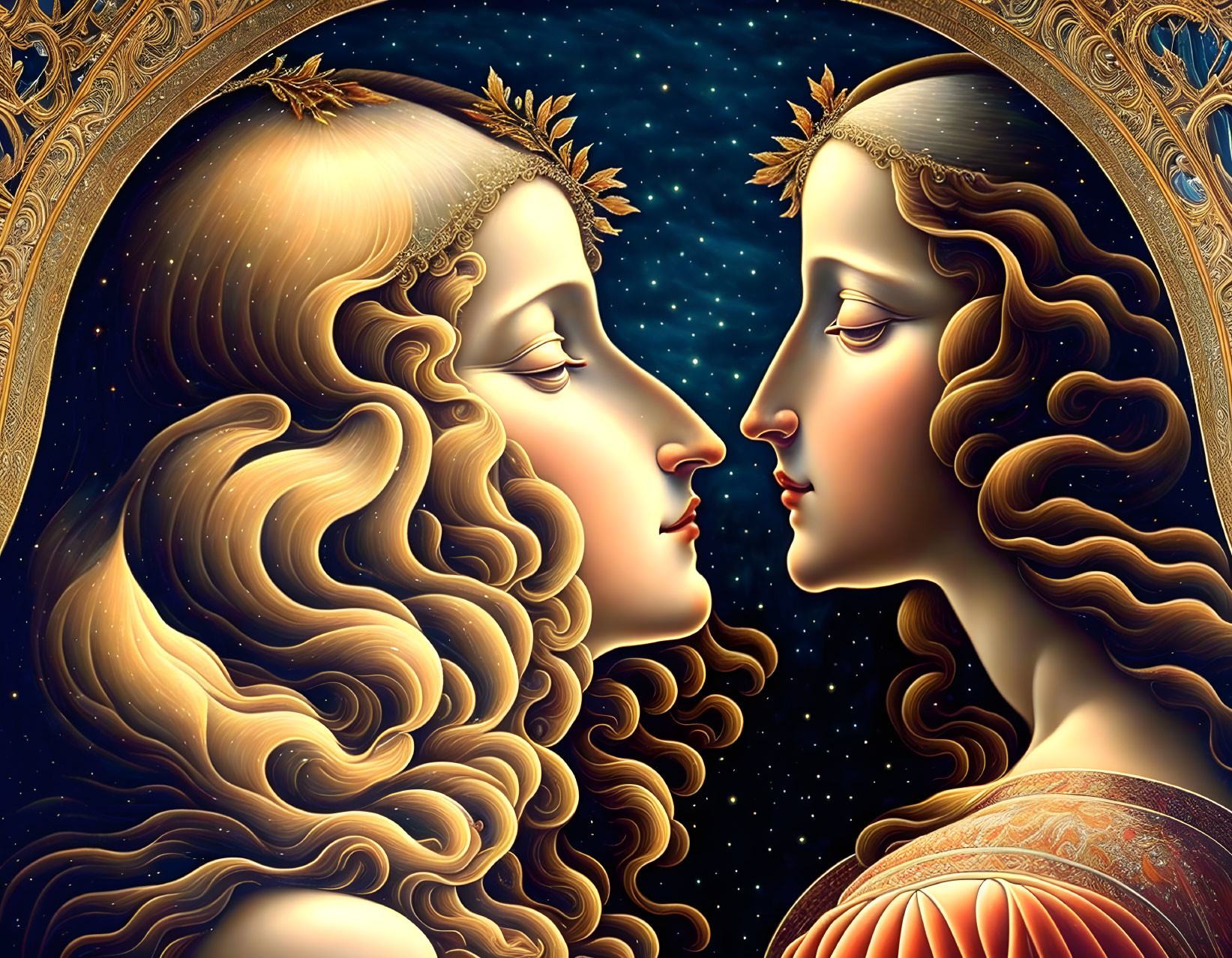 Golden laurel crowns figures touching foreheads in starry sky frame