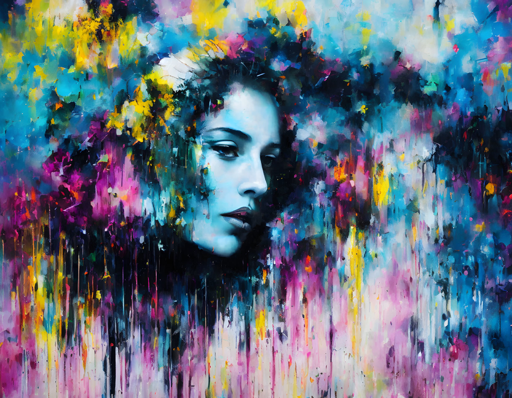 Vibrant abstract painting of woman's face with colorful dripping blend