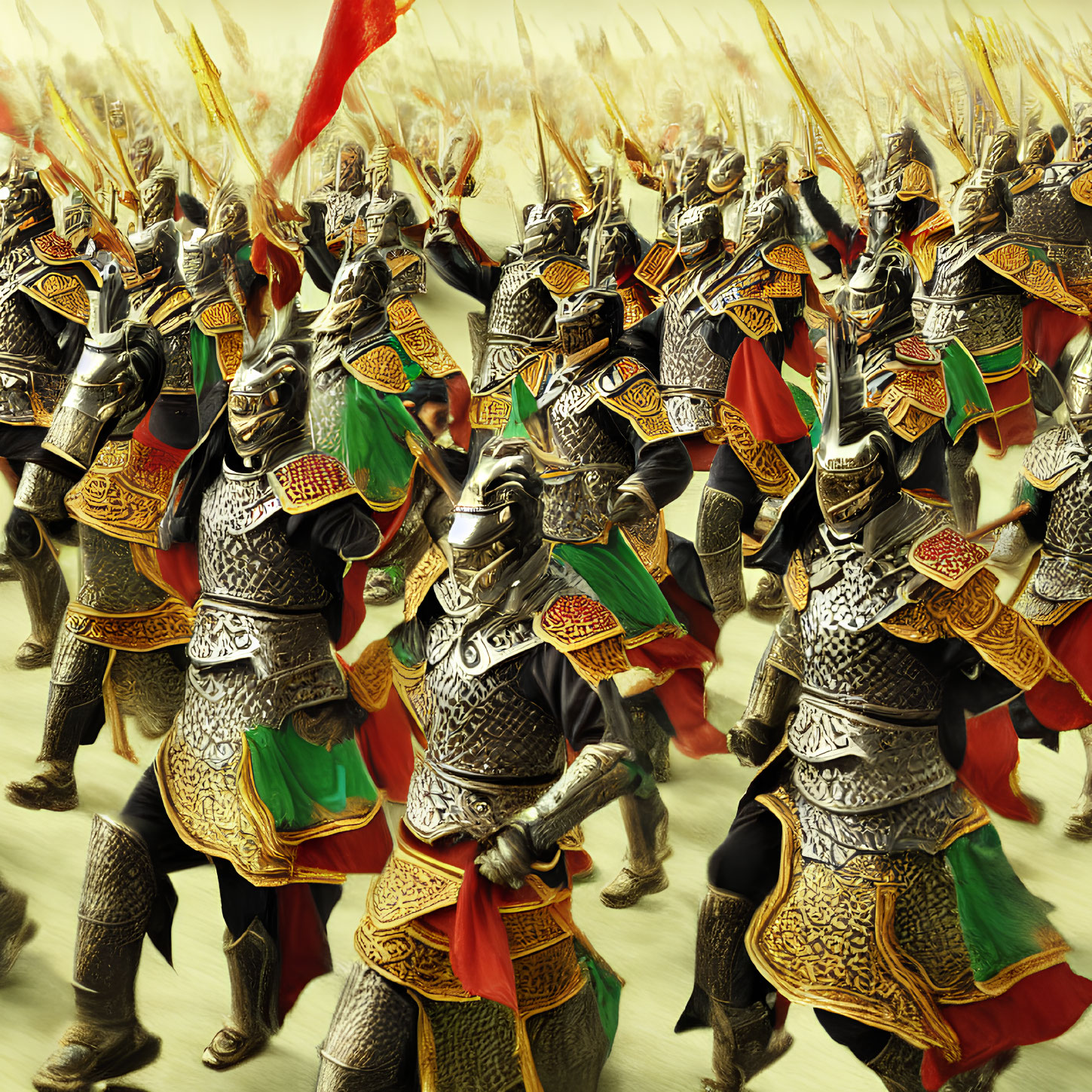 Medieval soldiers in armor with spears and flags marching to battle