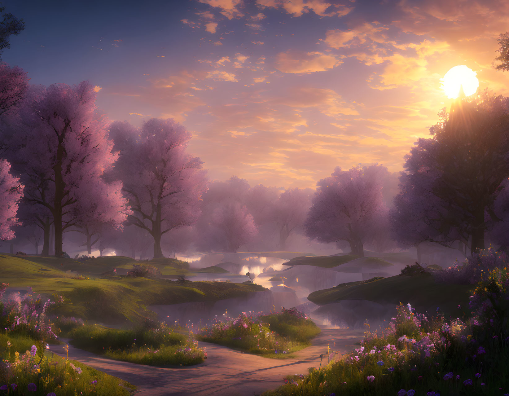 Tranquil landscape with blooming pink trees and serene stream