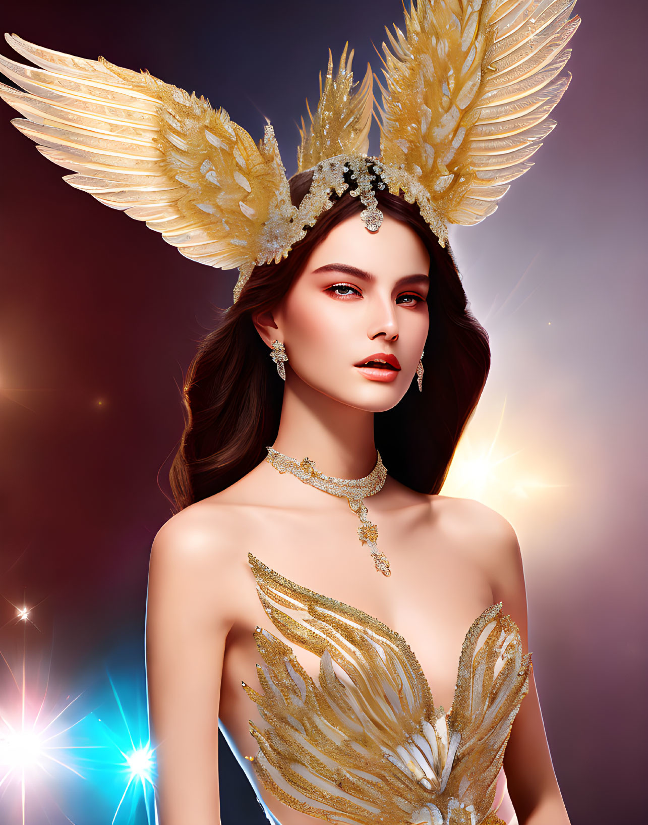 Digital art portrait of woman with golden feathered headdress and regal attire against moody backdrop