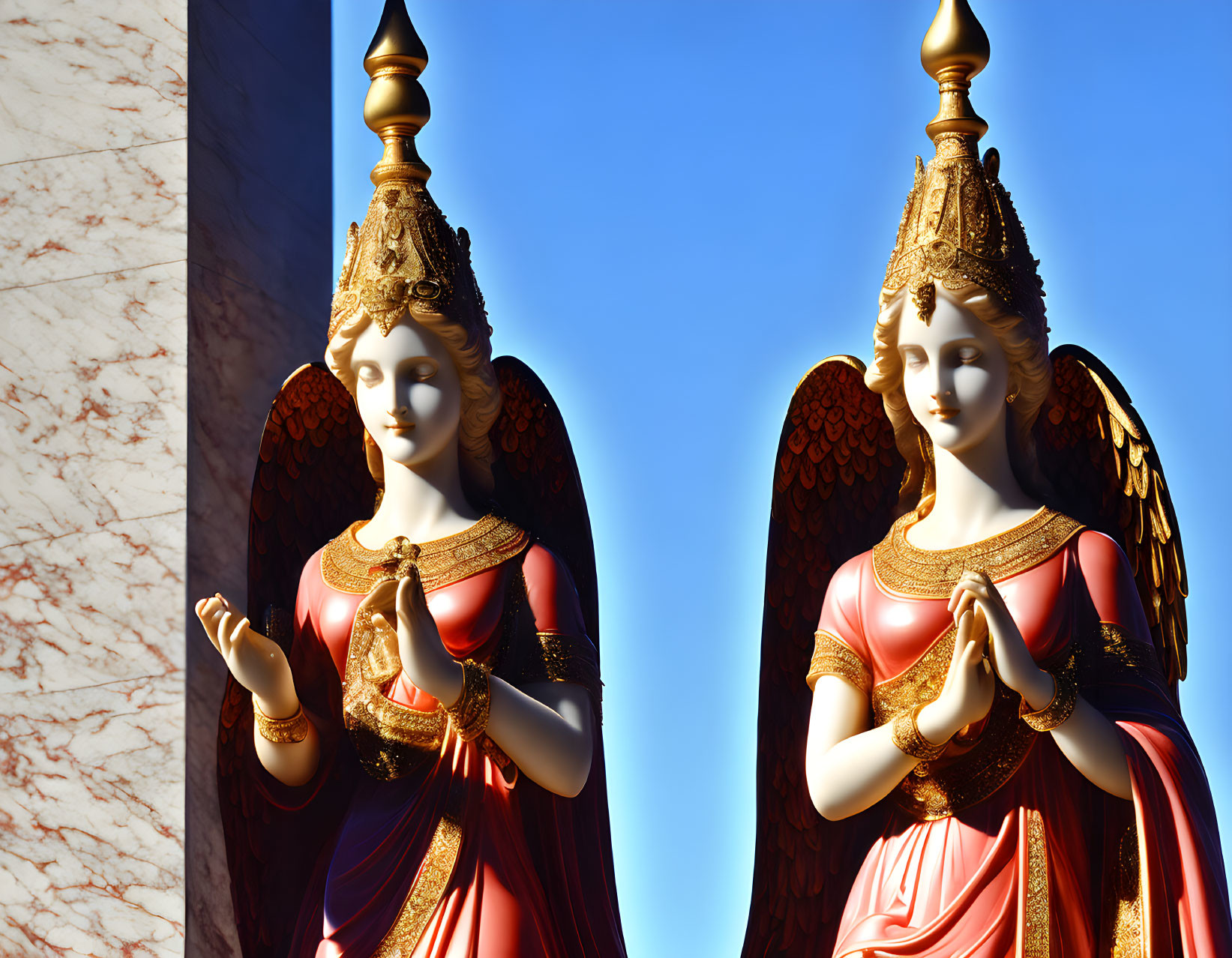 Golden angelic statues in traditional attire clasping hands under clear blue sky