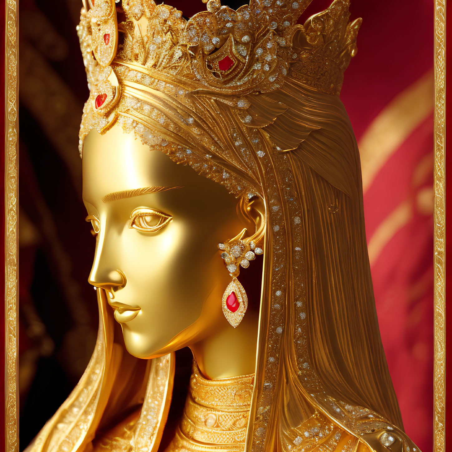 Golden Woman Profile Sculpture with Crown and Jewelry on Red Background