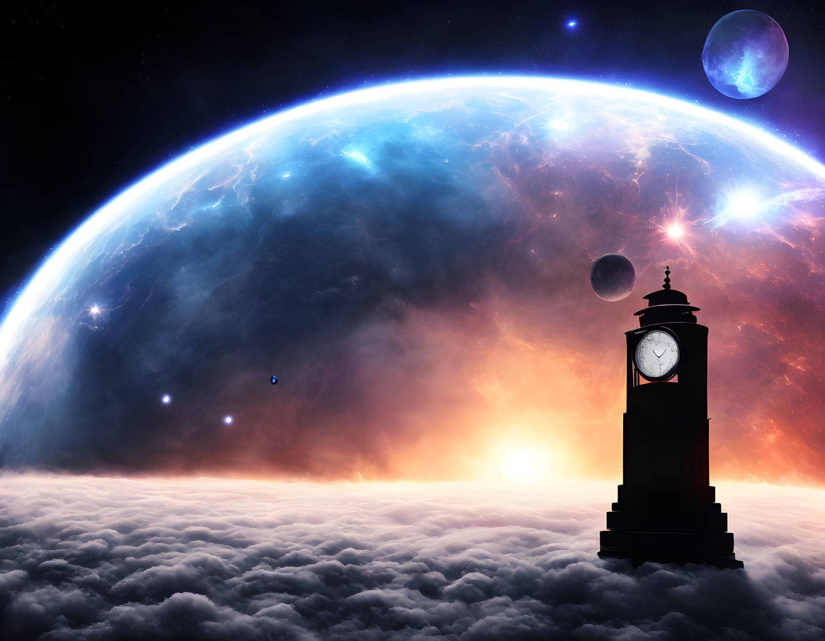 Clock tower on clouds with planet and cosmic sky