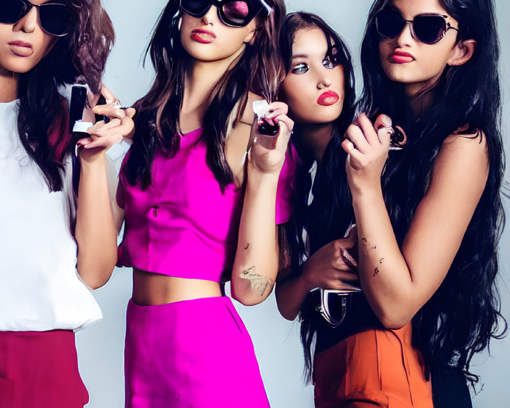 Four women posing stylishly with sunglasses and makeup on grey background