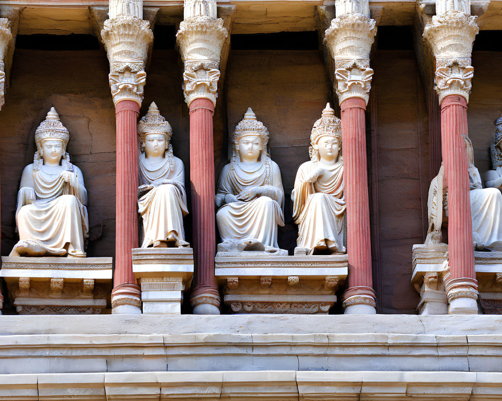 Intricate stone statues of seated figures with ornate columns