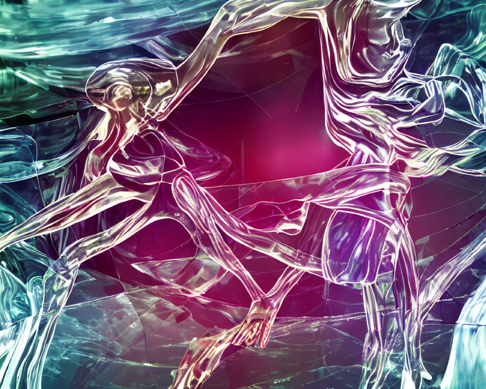 Glass-like humanoid figures in dynamic poses on vibrant magenta backdrop