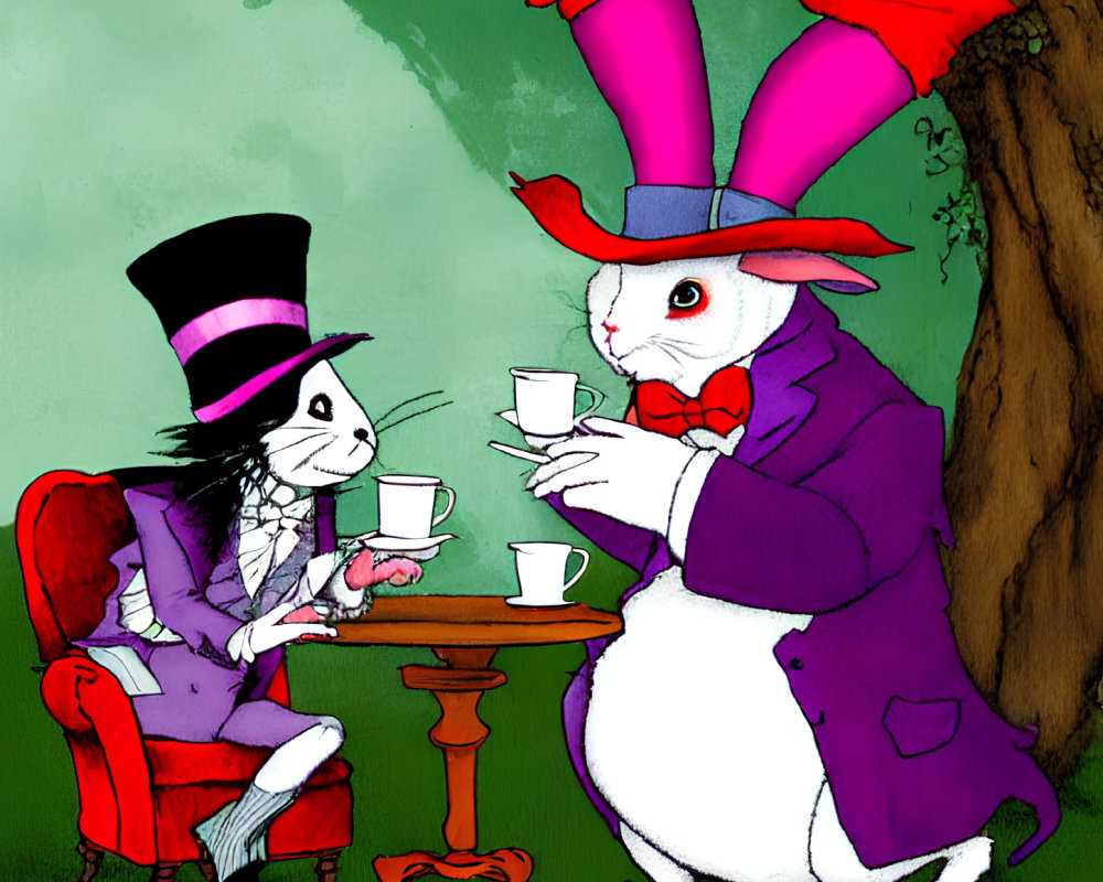 Mad Hatter and White Rabbit tea party in vibrant Victorian attire