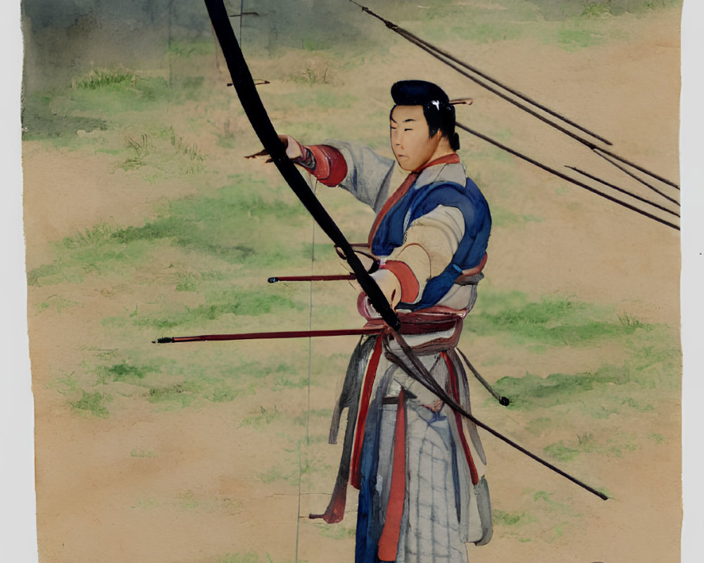 Traditional archer in blue and red attire aiming with longbow in misty setting