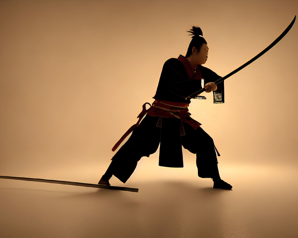 Traditional Samurai Silhouette with Katana in Combat Stance