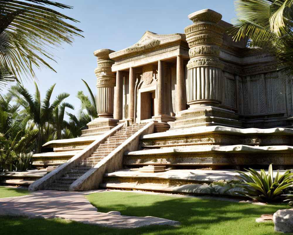 Ancient Temple with Stone Steps and Palm Trees Under Clear Sky