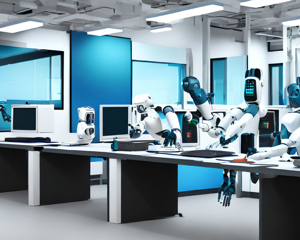 Futuristic Robot Lab with Humanoid Robots and Computers