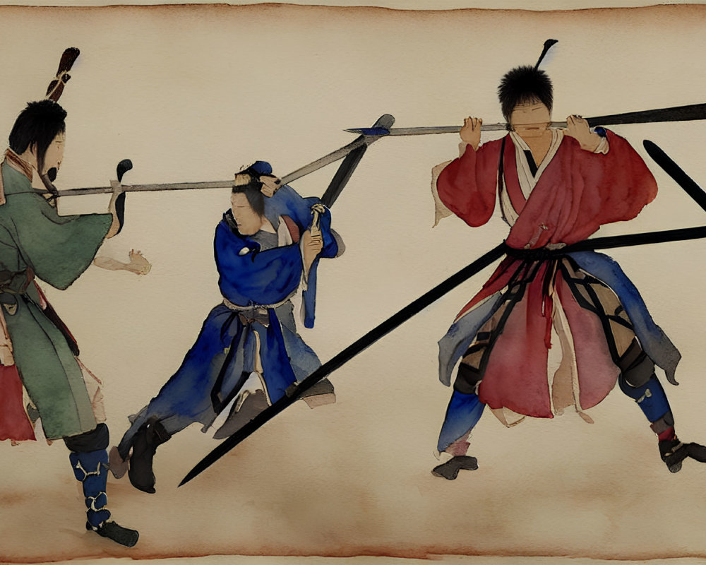 Illustrated samurai combat scene in watercolor style