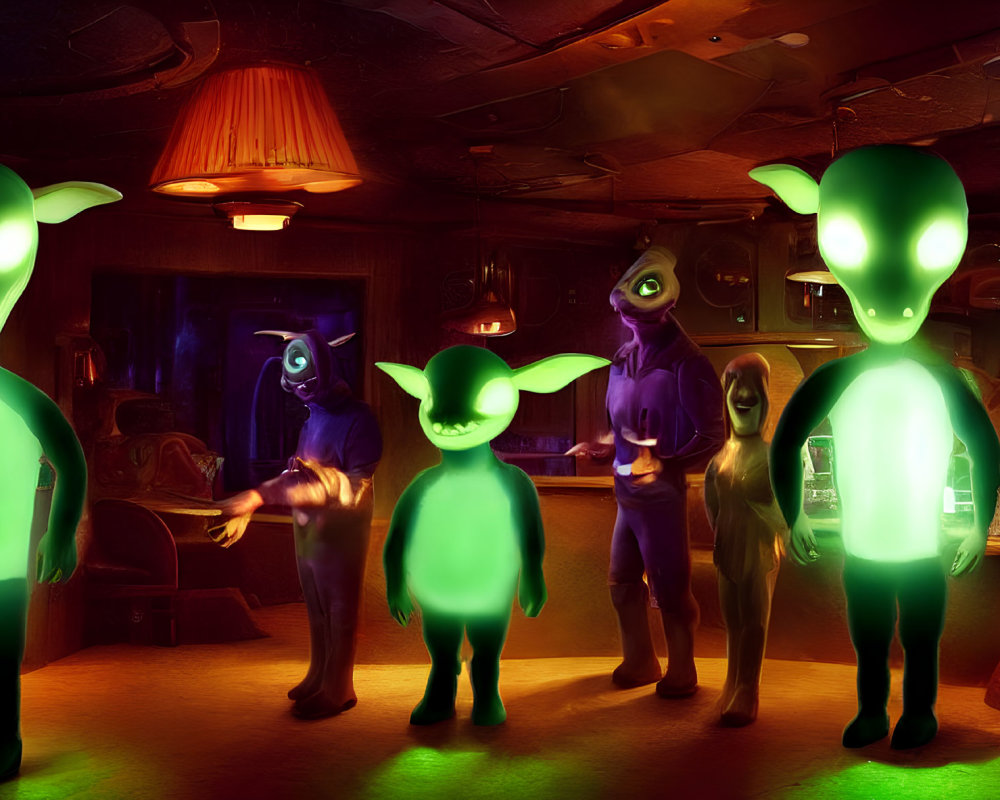 Glowing Green Skin Aliens in Dimly Lit Bar Setting