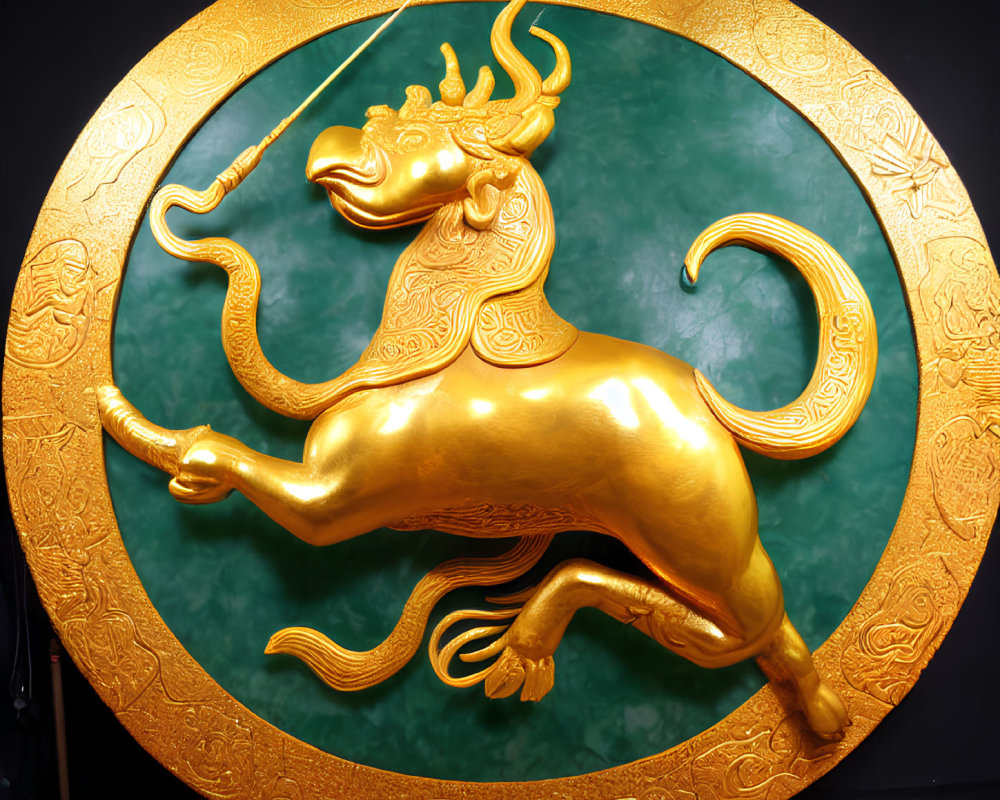 Golden Bull Mythical Creature Sculpture on Green Circular Backdrop