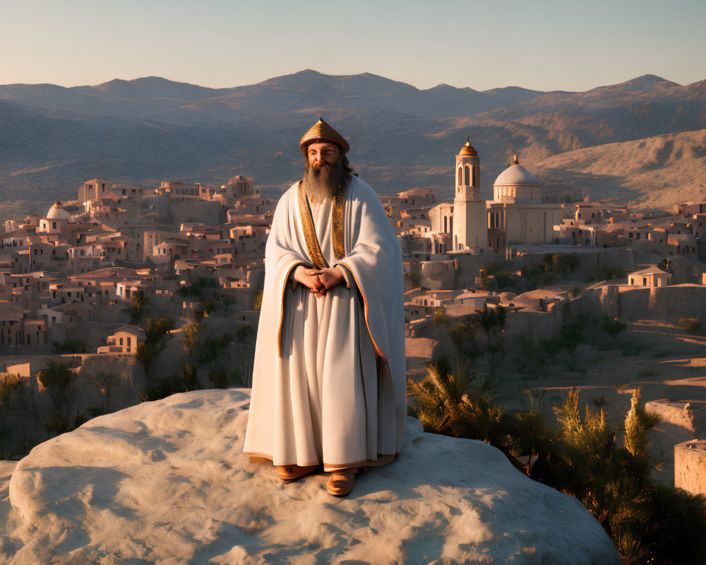 Traditional Middle Eastern Attire Man Overlooking Ancient Village at Sunset