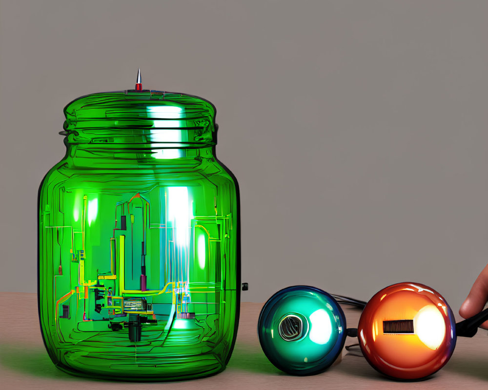 Green glass jar with miniature cityscape and metal spheres with circular lights in hand