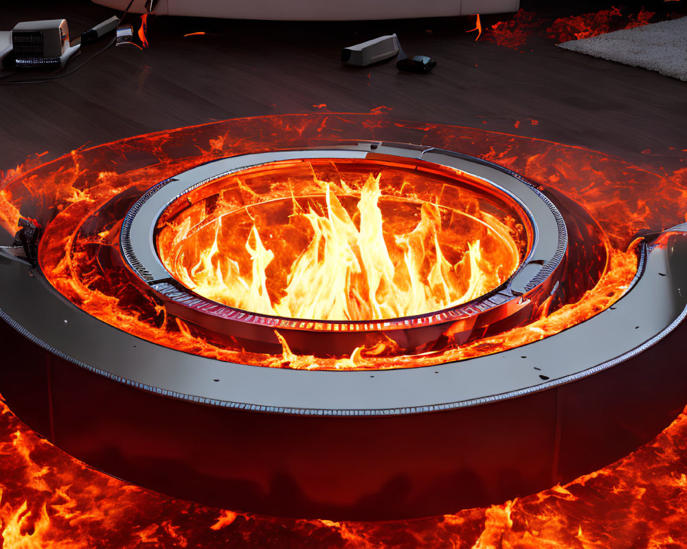 Circular futuristic fireplace in modern room with lava moat and dancing flames