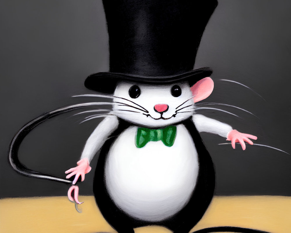 Whimsical mouse in black tuxedo and top hat on grey background