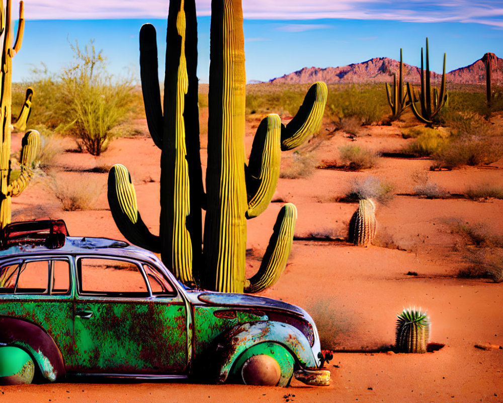 Abandoned vintage car in desert with towering cacti under clear sky