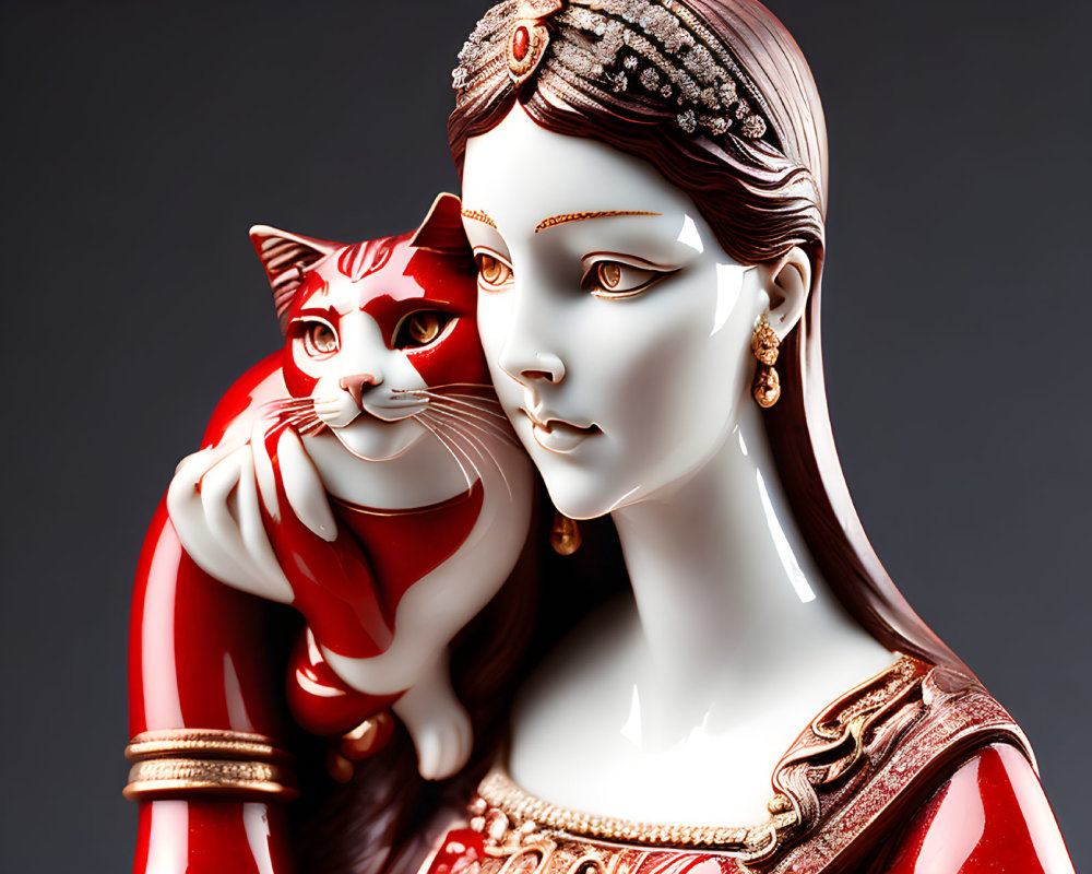 Porcelain figurine of woman with regal attire and striped cat