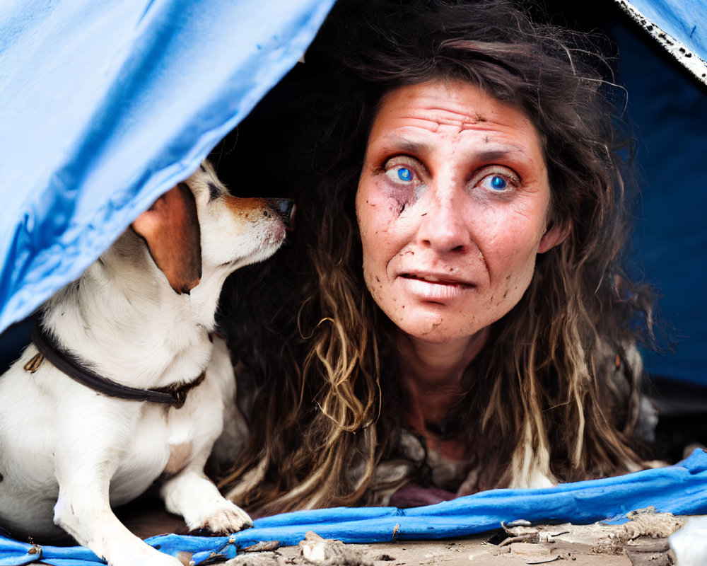 Distressed woman with dirt on face in blue tent with concerned dog