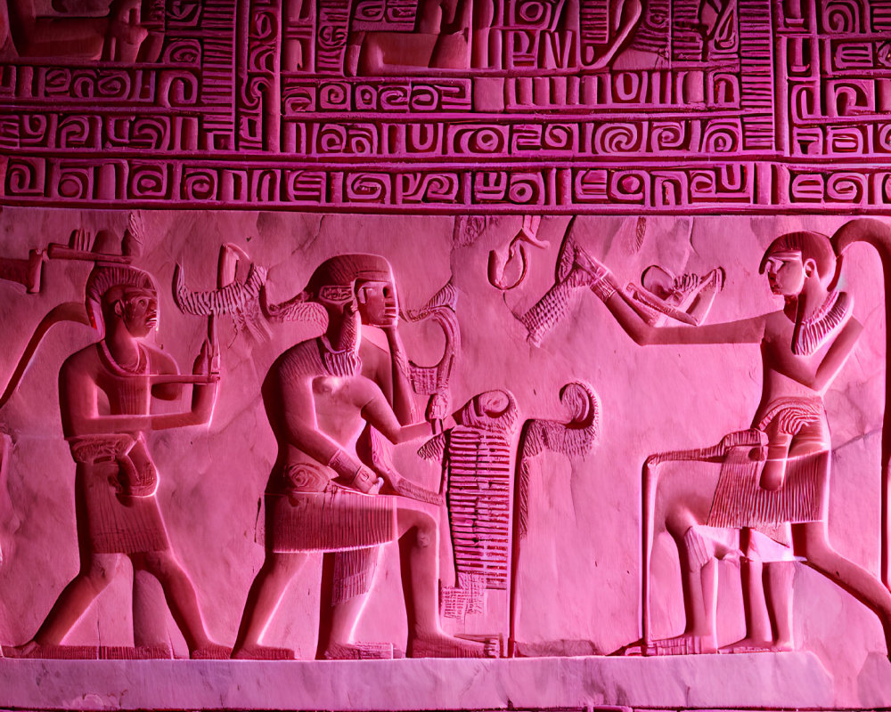 Ancient Egyptian relief carving with figures in traditional attire and hieroglyphic inscriptions under pink light