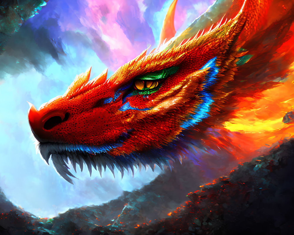 Colorful Dragon with Green Eyes in Fiery Clouds and Blue Smoke