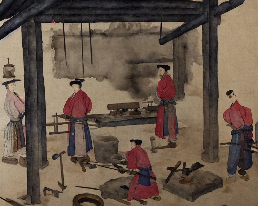 Asian Ironworking Scene: Five Workers in Red and White Attire Performing Tasks