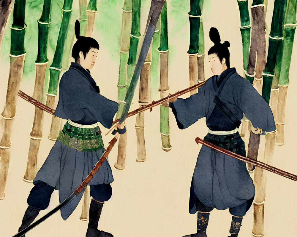 Traditional attire sword combat in bamboo setting