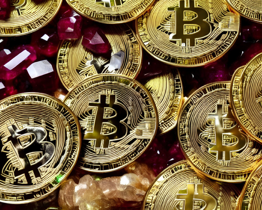 Golden Bitcoin tokens with red gemstones and gold nuggets symbolize cryptocurrency investment.