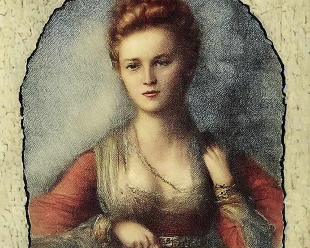 Red-haired woman in renaissance-style red dress with updo.