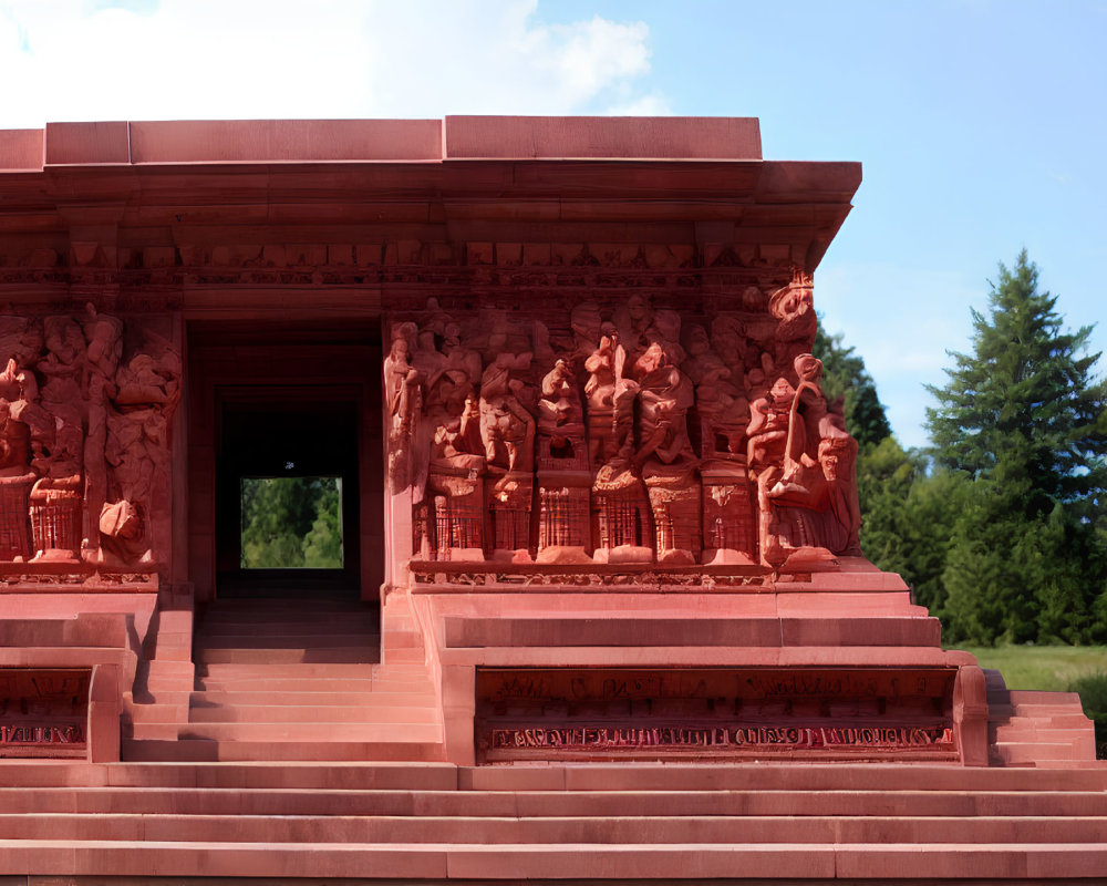 Terracotta temple with intricate bas-relief against blue sky and green foliage