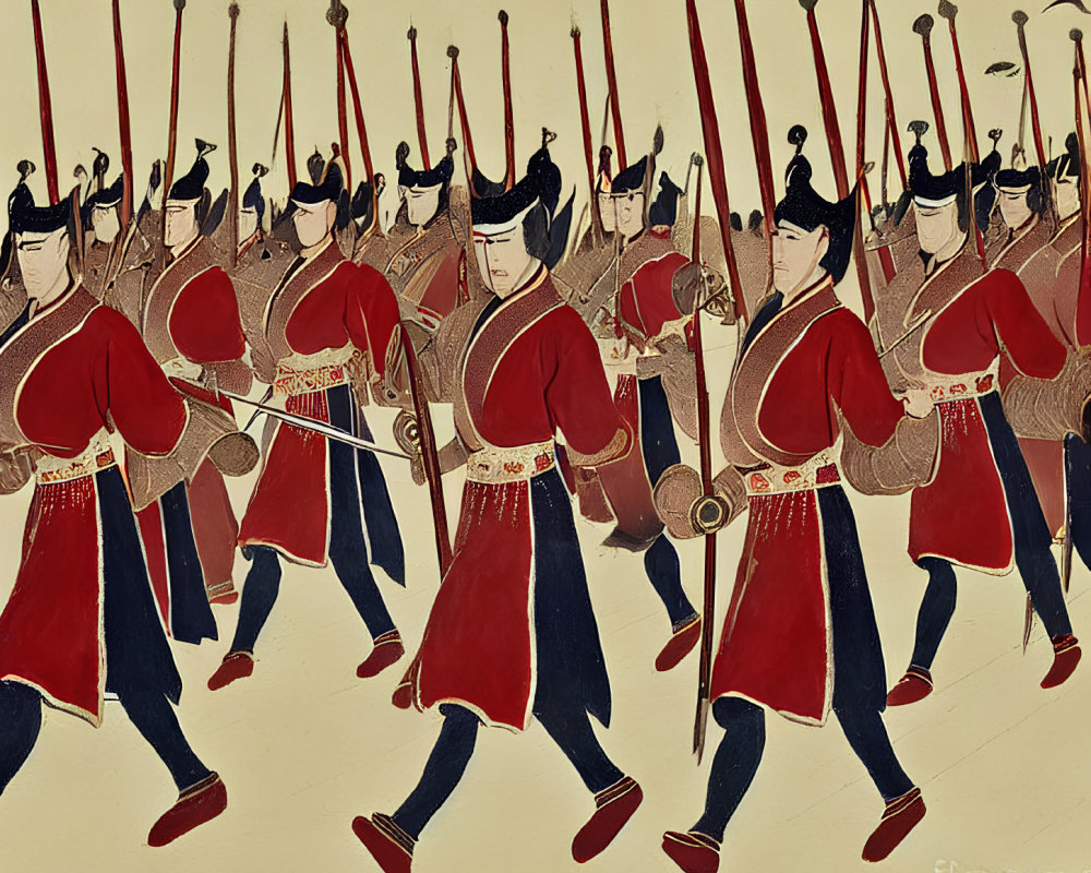 Stylized painting of soldiers in traditional attire with spears and bows