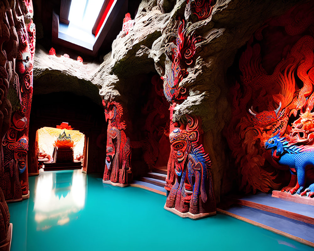 Vibrant red and blue mythological sculptures in ornate room with teal floor and traditional altar