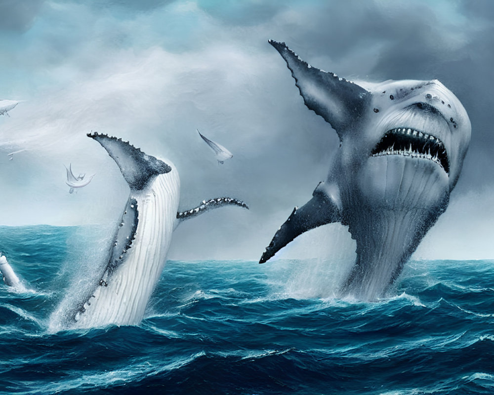 Whale and Great White Shark Breaching in Stormy Ocean