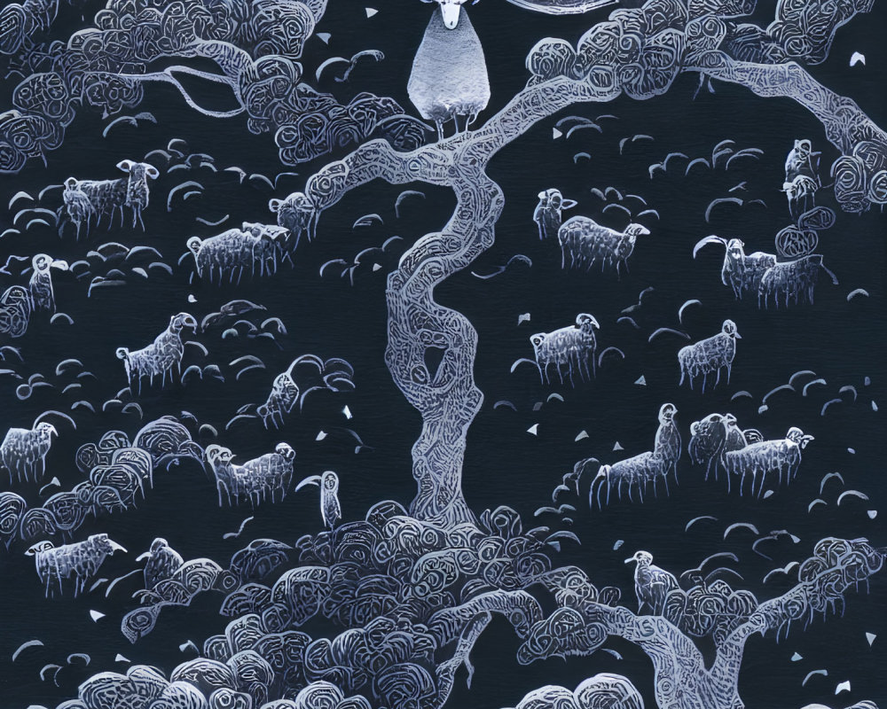 Sheep on stylized trees in white on deep blue background