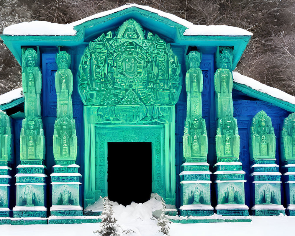 Snow-covered blue wooden structure with intricate carvings in forest setting