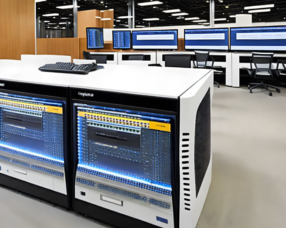 Organized modern data center with server racks and workstations