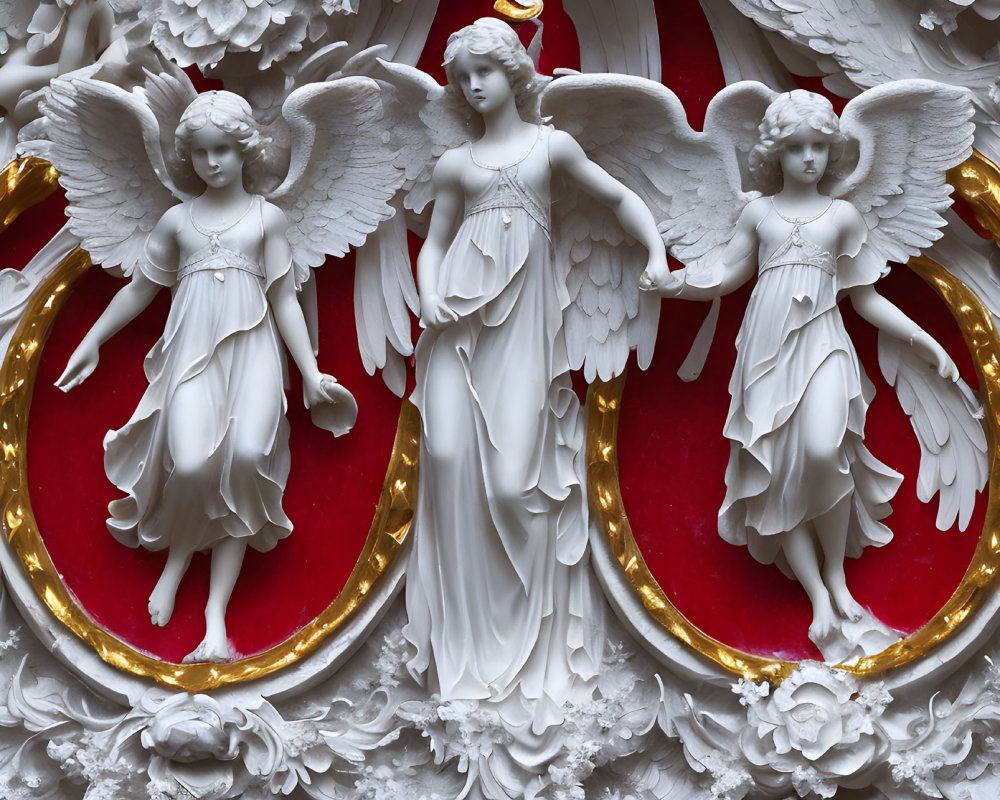 White angel sculptures with gold detailing on crimson background