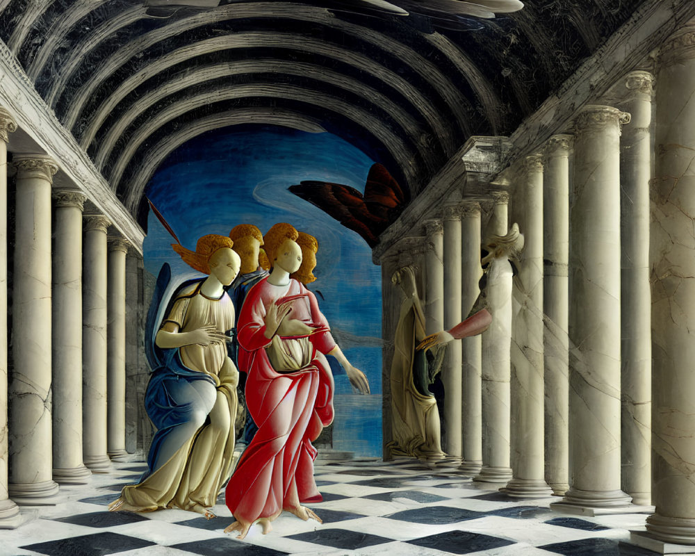 Three angels in halos and classical garments in architectural corridor with columns, checkerboard floor, and organ