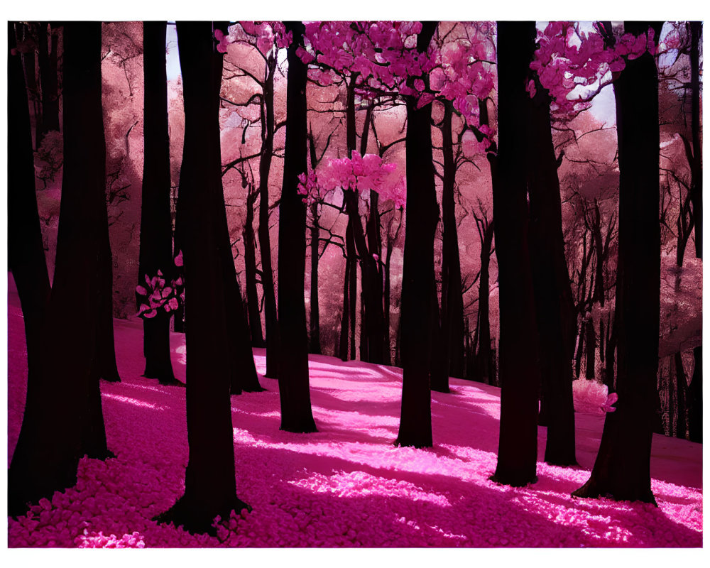 Pink-toned forest scene with dark trees, pink foliage, cherry blossoms, and purple sky