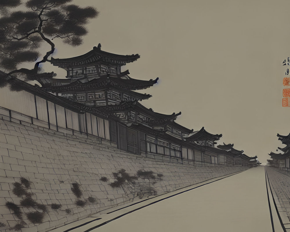 East Asian-style Building with Tiled Roofs on Stone Wall in Monochromatic Ink Wash