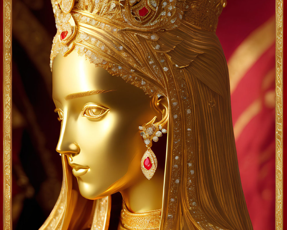 Golden Woman Profile Sculpture with Crown and Jewelry on Red Background