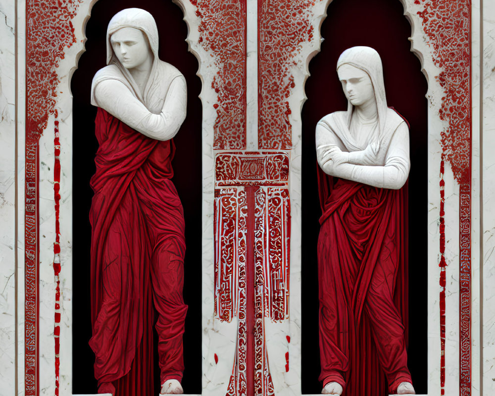 Statues in Red Robes in Arched Niches on White Background