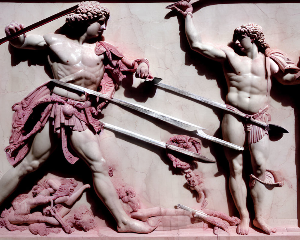 High-relief sculpture of armored warriors in combat with defeated figures.