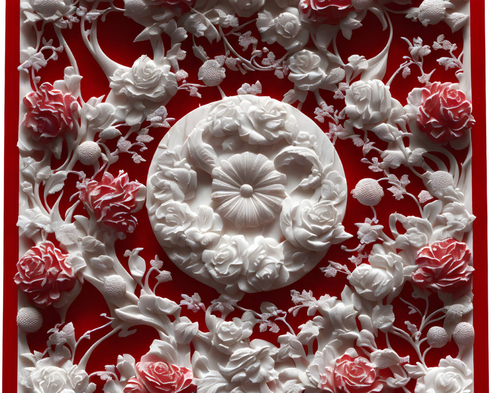 Detailed Red and White Bas-Relief Carving with Floral Pattern