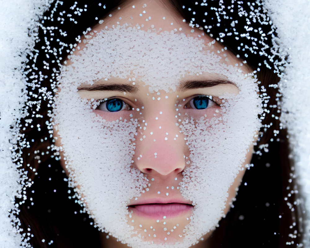 Close-up Portrait of Person Covered in Snowflakes with Clear Blue Eyes