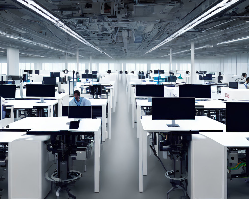 Contemporary office space with white desks, computers, and fluorescent lighting